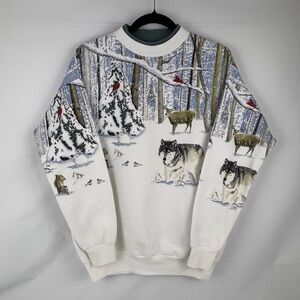 Vintage 90s Medium Artisans AOP Snow Winter Forest Wolf Crewneck Sweatshirt USA